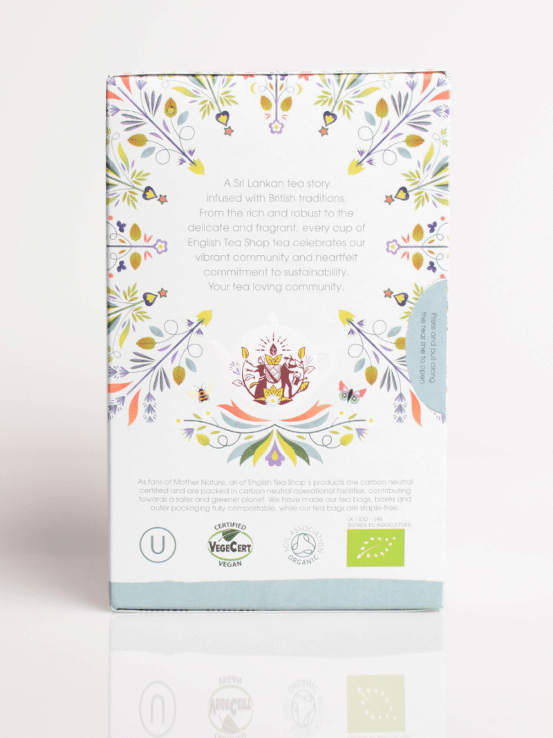 Rückseite der Teeschachtel mit buntem Blumenmuster, Teekannen-Illustration sowie Bio- und Vegan-Siegeln