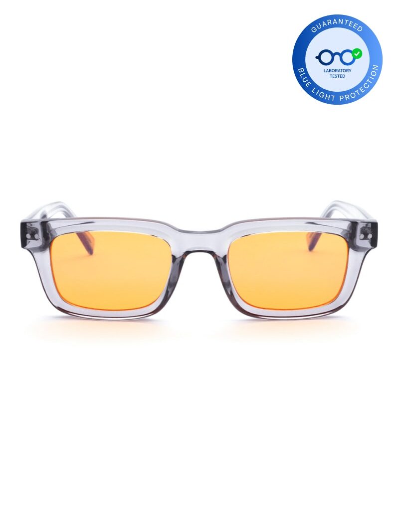 Rechteckige Bildschirmbrille mit transparentem grauem Rahmen, orangefarbenen Gläsern und Blaulichtfilter
