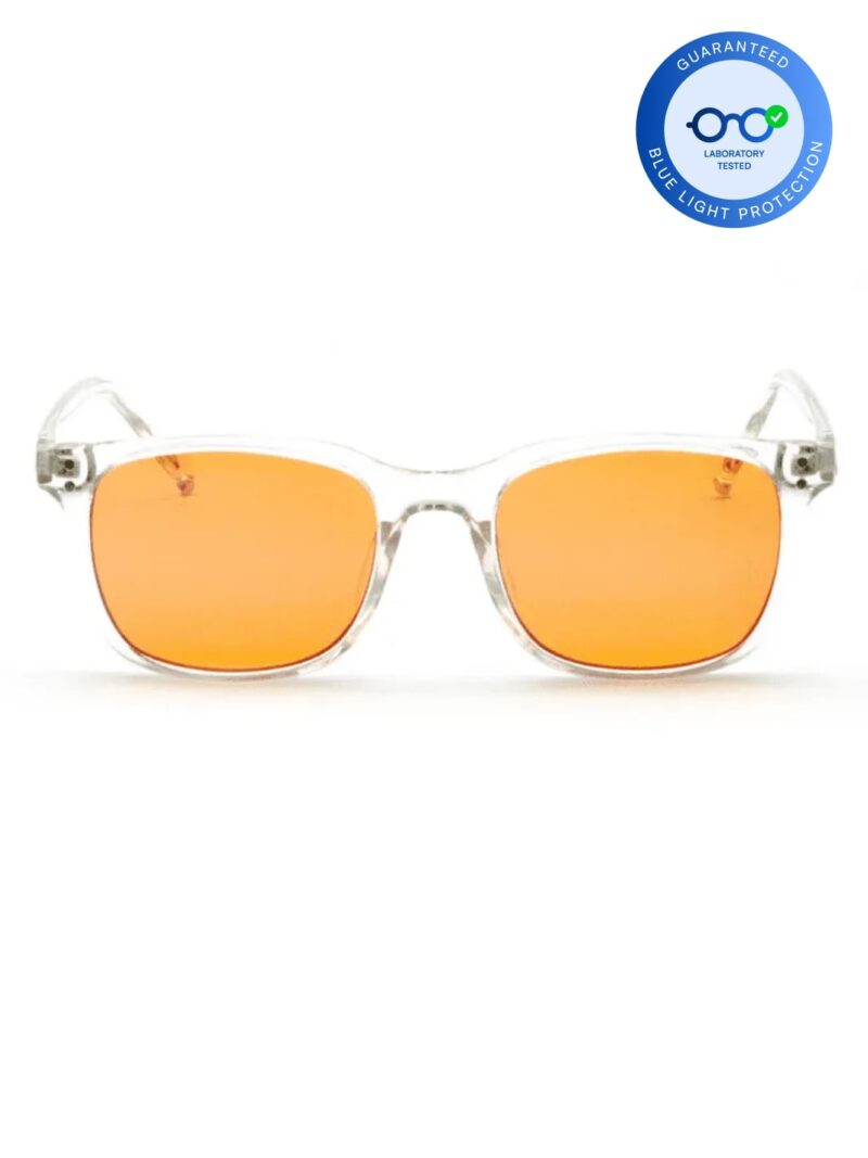 Pure 9002 Blaulichtbrille mit klarem Gestell, orangen Gläsern und Emblem für laborgeprüfte Qualität