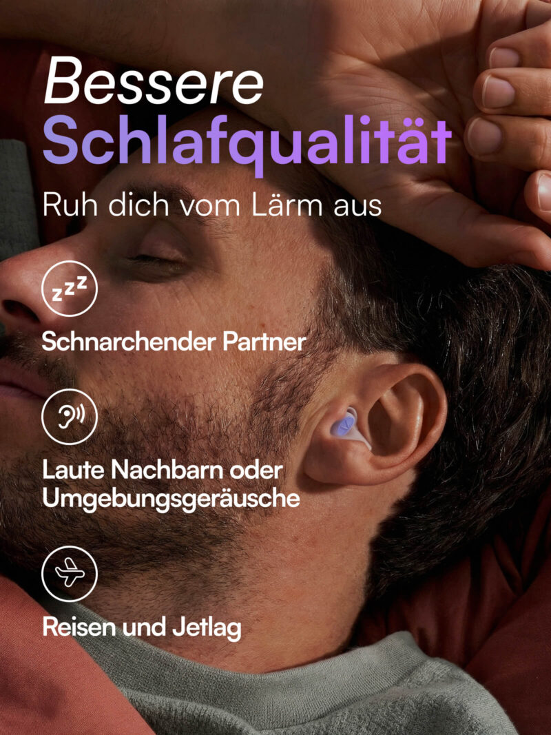 Schlafender Mann trägt lila Ohrstöpsel; Werbetext Bessere Schlafqualität, Icons zu Schnarchen, Nachbarn und Reisen