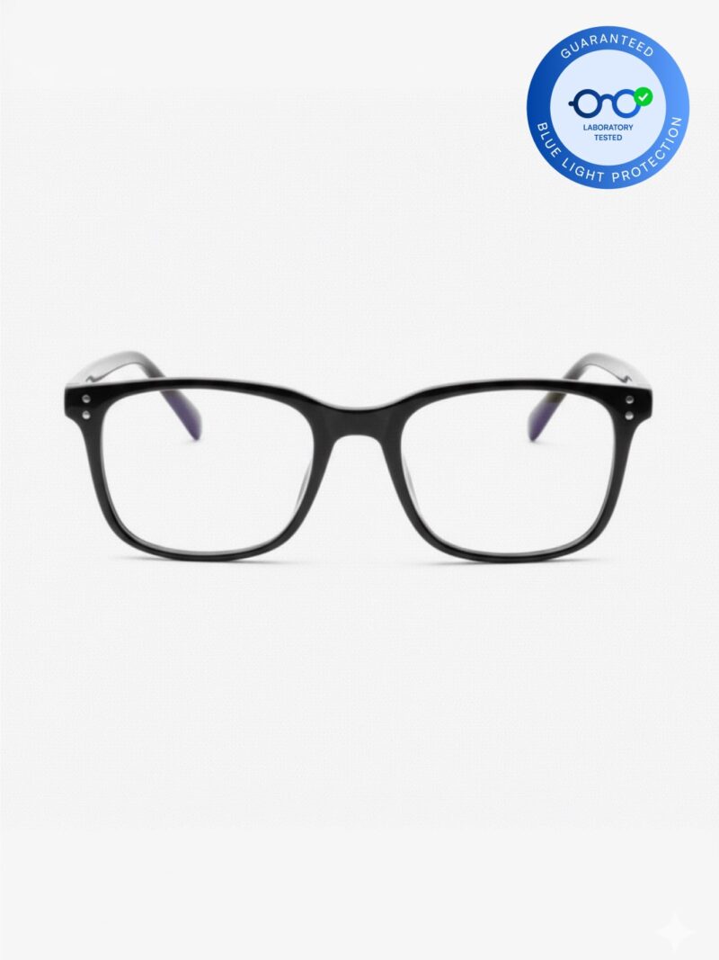 Schwarze rechteckige Kunststoffbrille mit klaren Gläsern und Siegel für laborgeprüften Blaulichtschutz