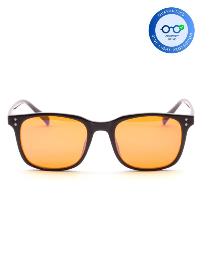 Wayfarer-Brille in Schwarz mit orangen, blaulichtfilternden Gläsern