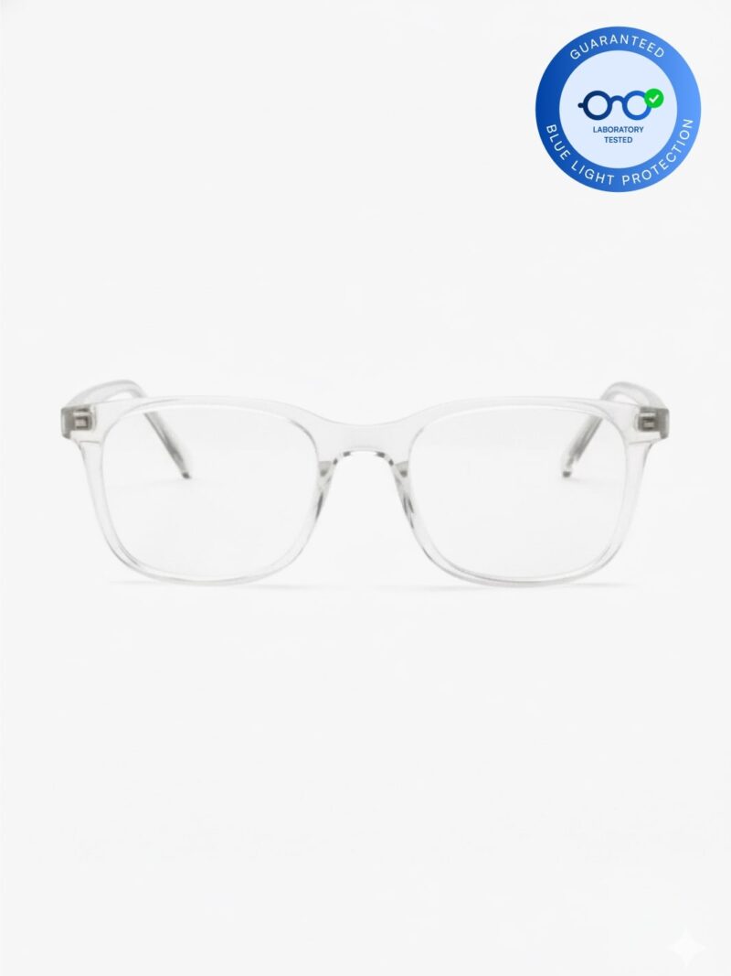 Transparente Brille mit klarem Acetatgestell, rechteckigen Gläsern und Blaulichtschutz
