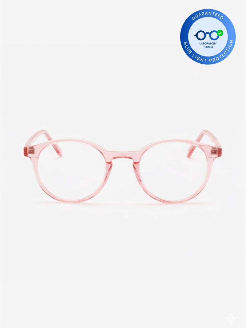 Rosa transparente runde Brille mit Blaulichtfilter und Garantie-Emblem