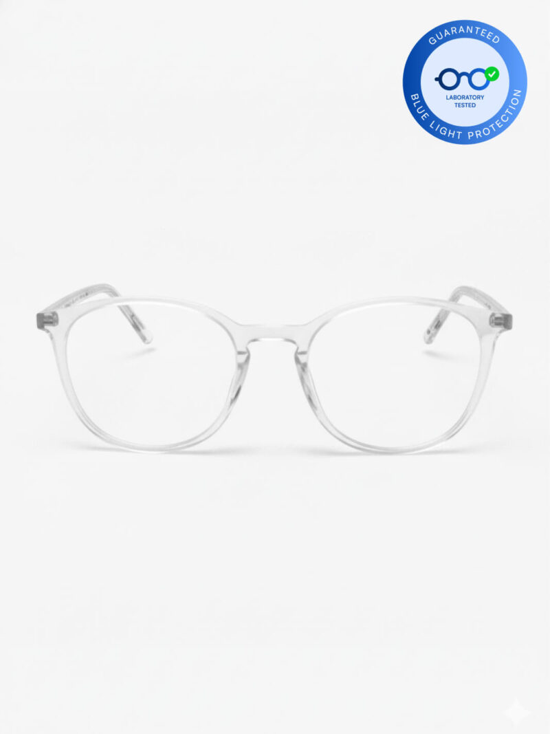 Transparente Brille mit rundem Rahmen und Kennzeichnung als Blaulichtbrille
