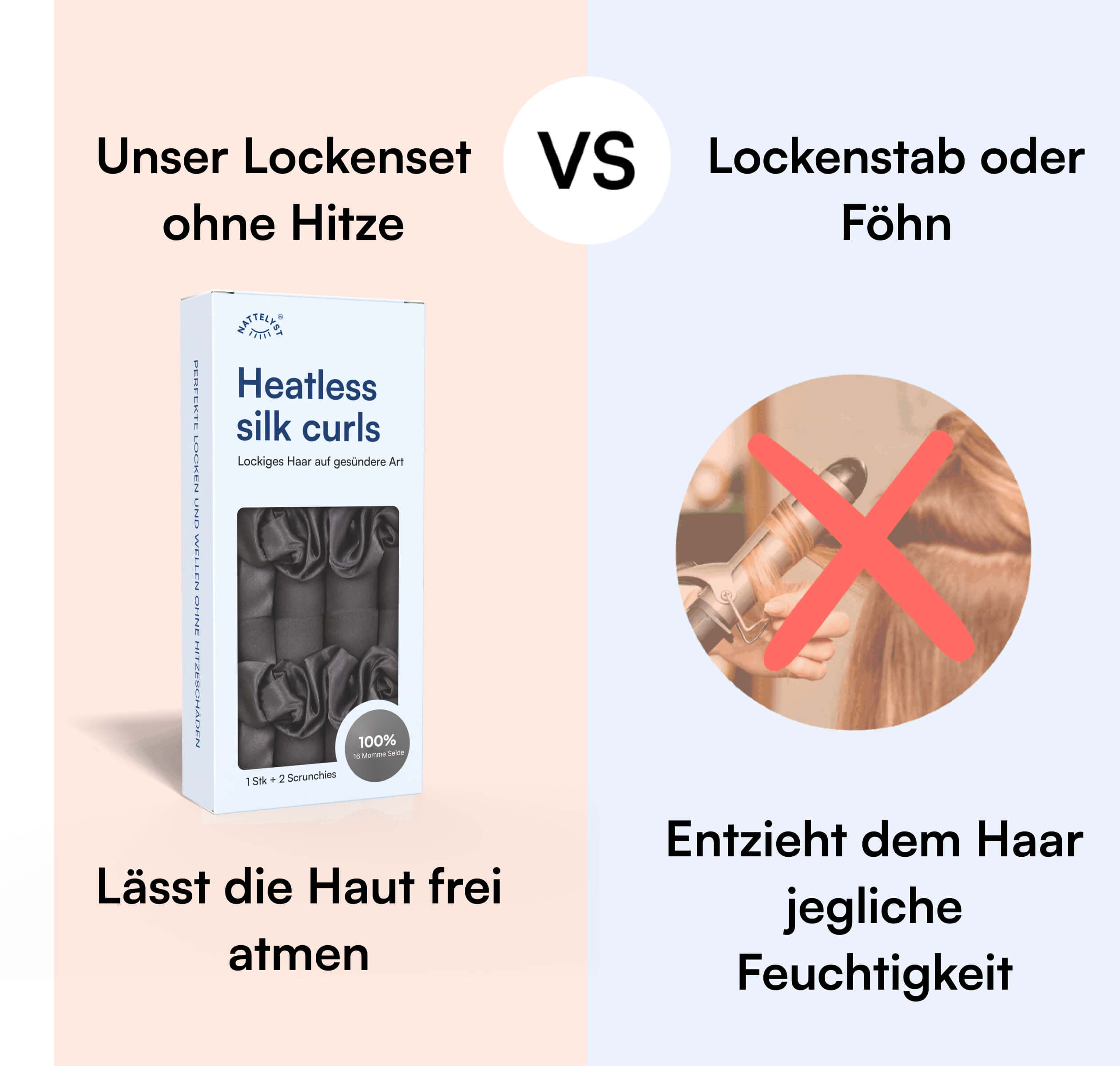 Vergleich: Heatless silk curls Lockenset links, rechts ein durchgestrichener Lockenstab