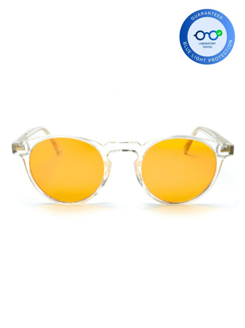 Transparente runde Bildschirmbrille mit orangen Gläsern und Blaulichtschutz-Siegel
