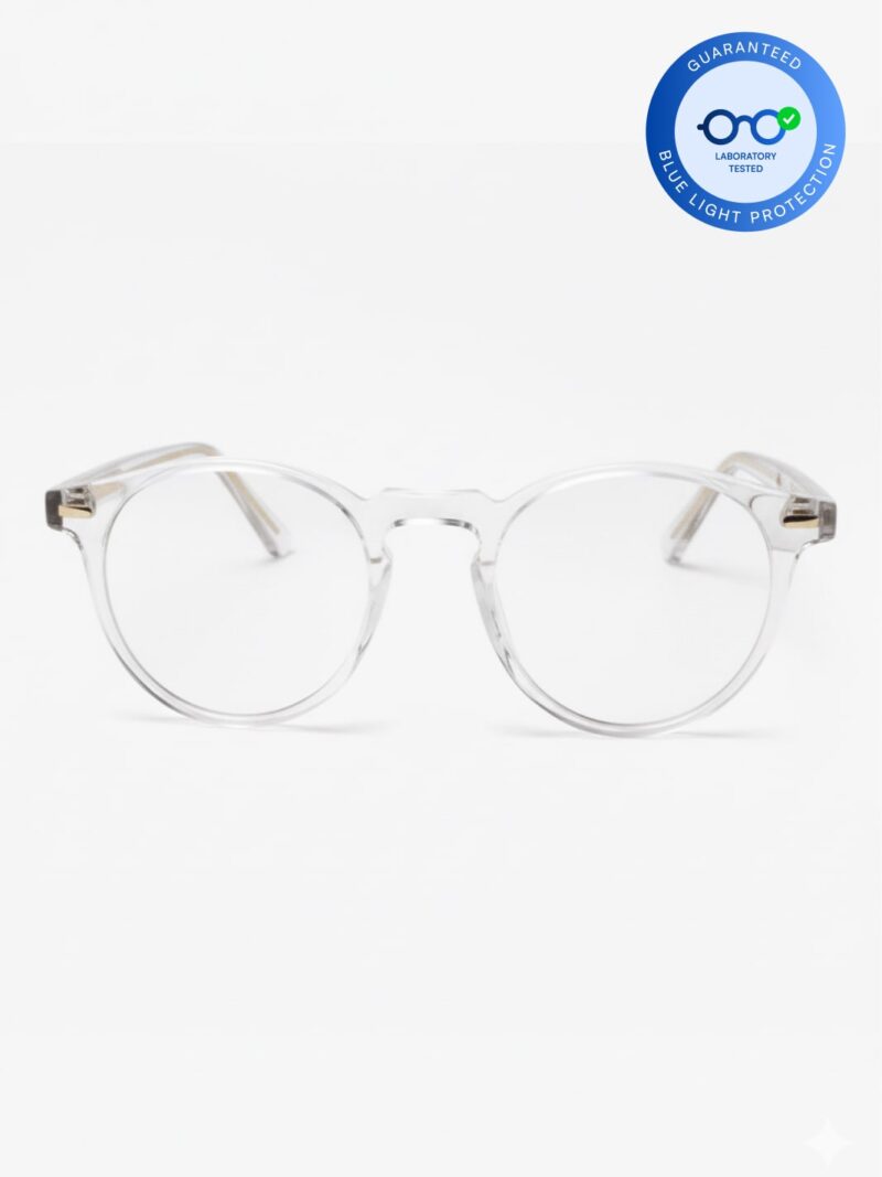 Transparente runde Brille mit Blaulichtschutz-Badge