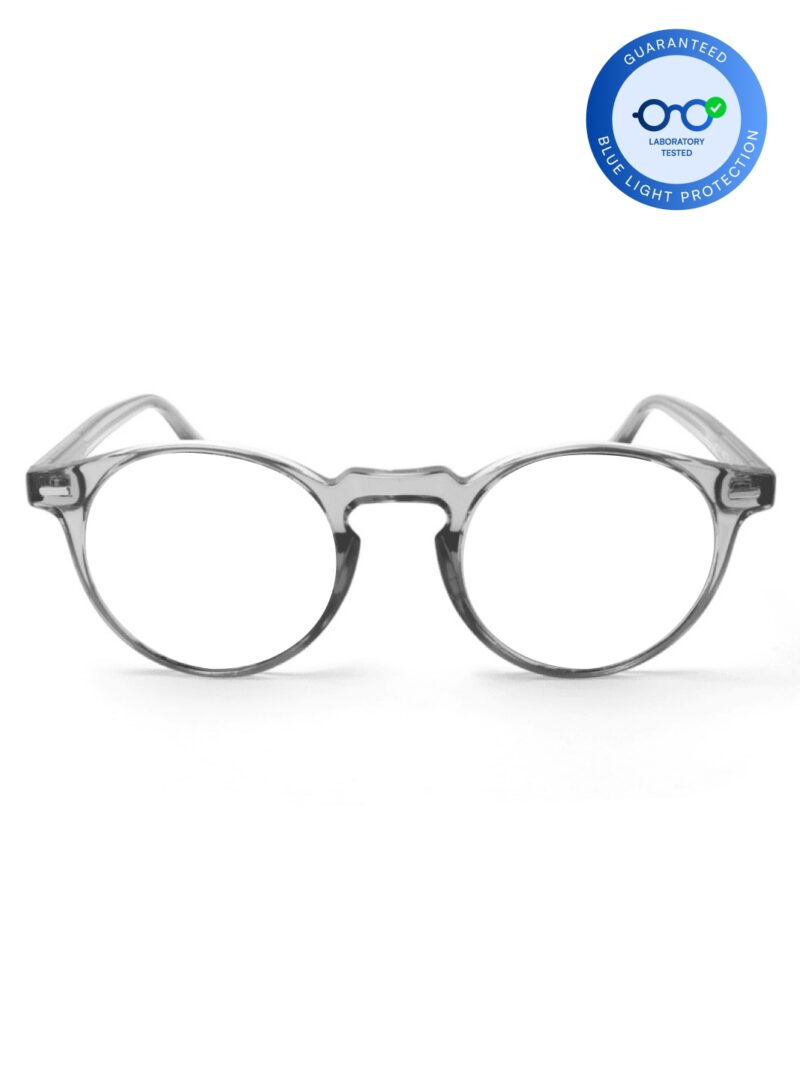 Klare runde Brille aus grauem Acetat mit Nasensteg und Garantie für Blaulichtschutz