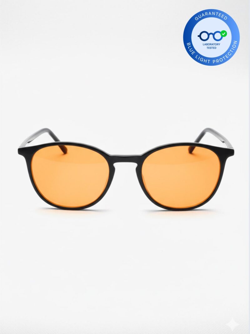Runde schwarze Blaulichtbrille mit orangen Gläsern und zertifiziertem Blaulichtschutz