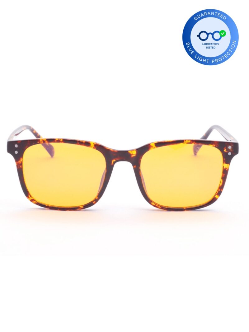Obsidian Demi Brille in Havanna-Optik mit eckigen orangen Gläsern und Blaulichtschutz