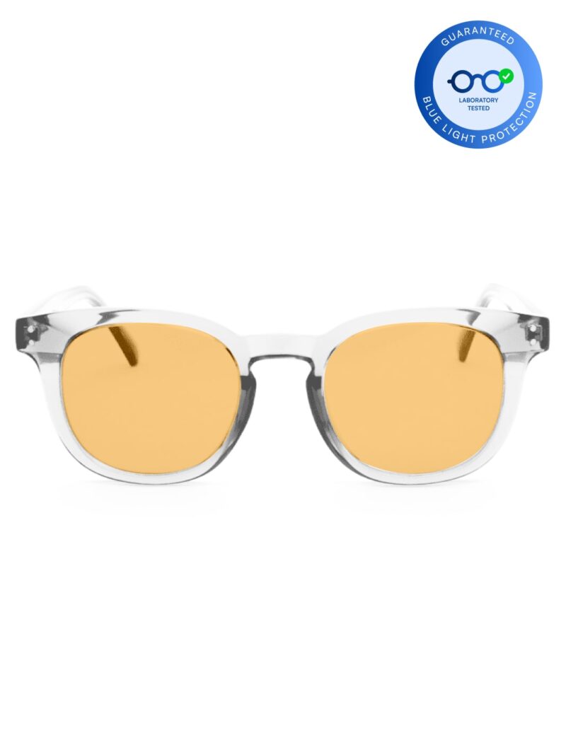 Computerbrille mit transparentem Gestell, warm-orangen Gläsern und laborgeprüftem Blaulichtschutz