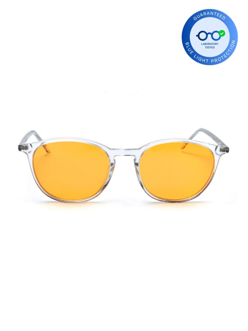 Transparente runde Brille mit orangen Blaulichtfiltergläsern und blauem Schutzsiegel