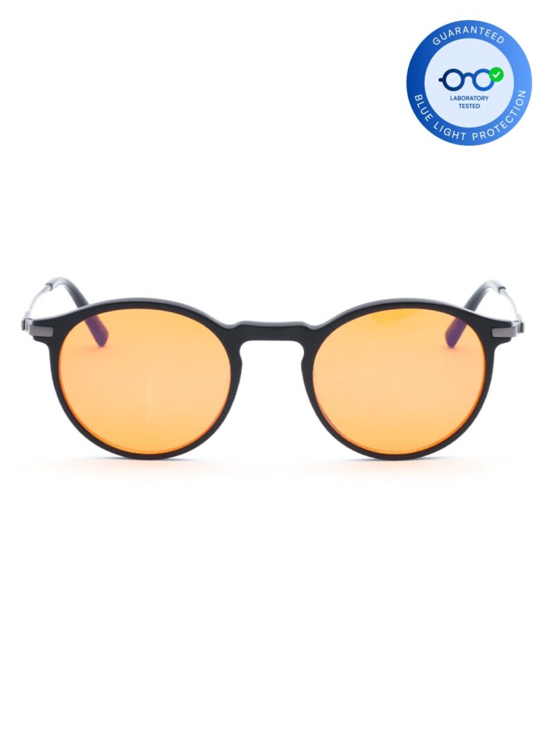 Blaulichtbrille mit rundem schwarzem Gestell und orangen Gläsern, Retro-Look für die Bildschirmarbeit und weniger blaues Licht
