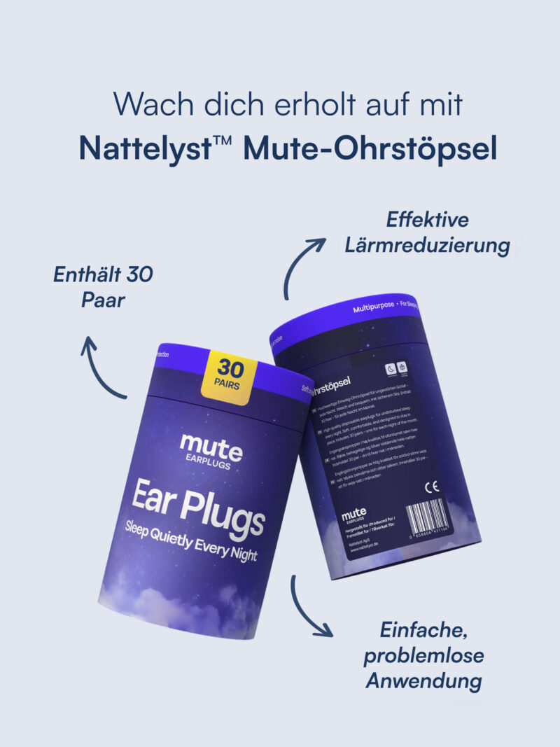 Zwei violette Mute Ohrstöpsel-Verpackungen, 30 Paar, Hinweis auf effektive Lärmreduzierung und einfache Anwendung