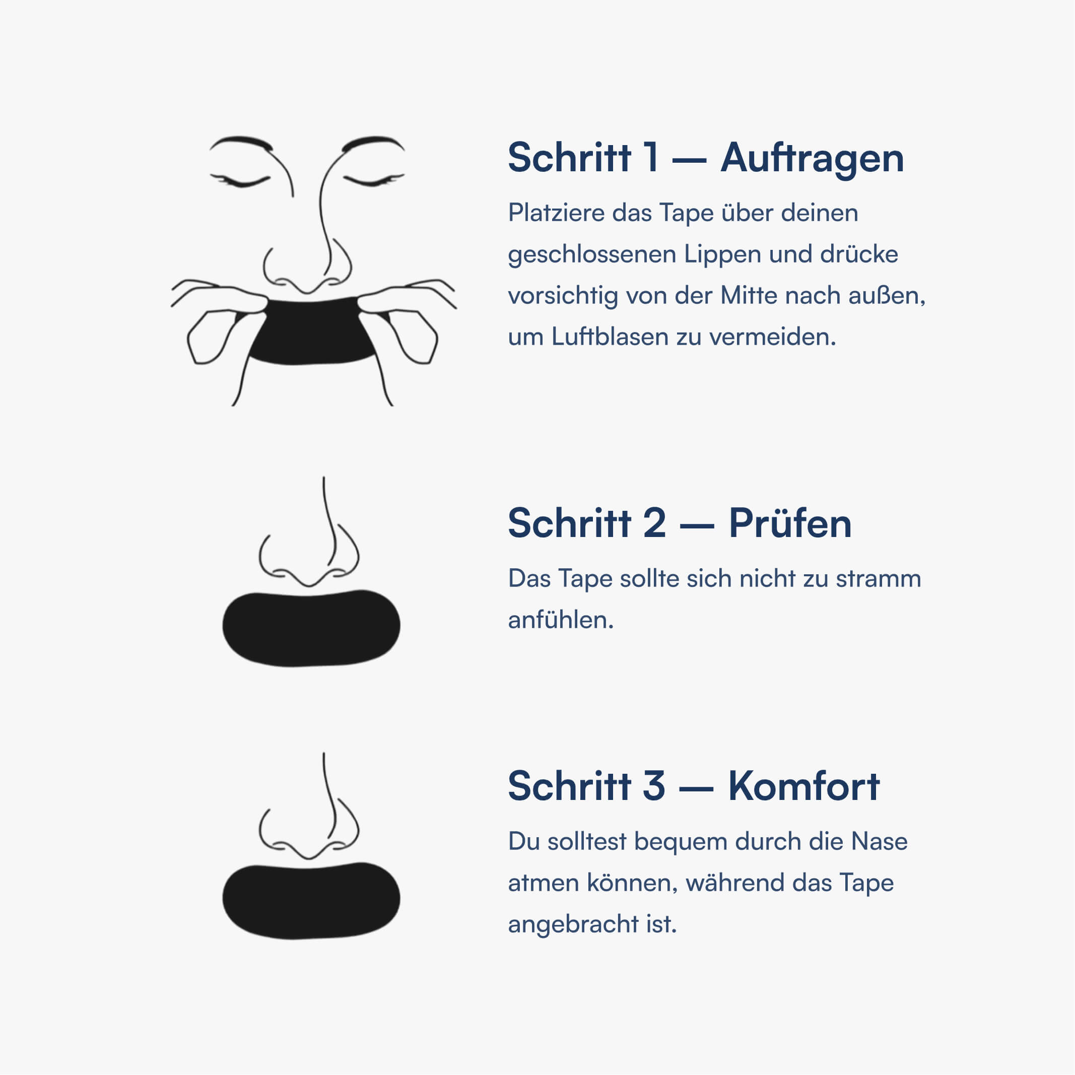 Anleitung: Tape über geschlossene Lippen kleben, Position prüfen und Atemkomfort kontrollieren