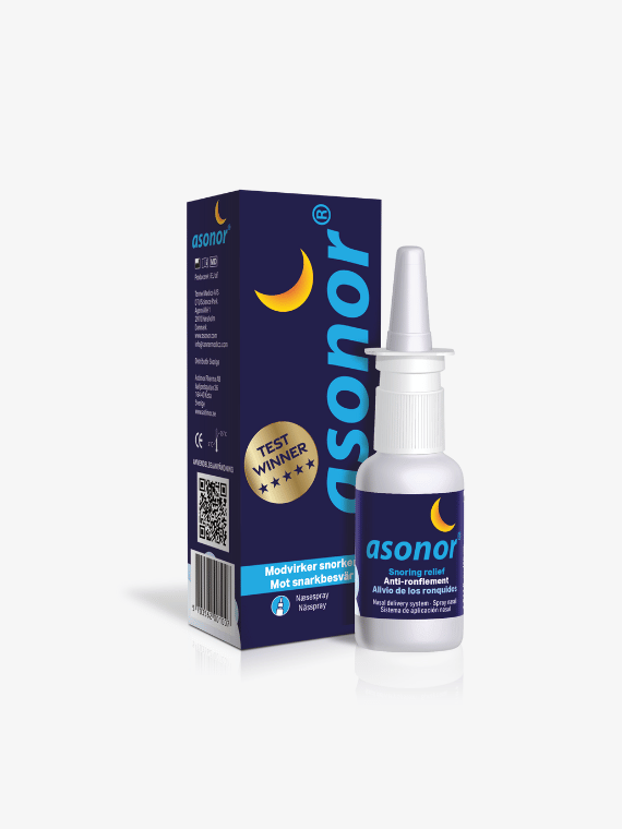 Asonor Nasenspray gegen Schnarchen in dunkelblauer Verpackung mit Mondlogo und Test-Winner-Siegel