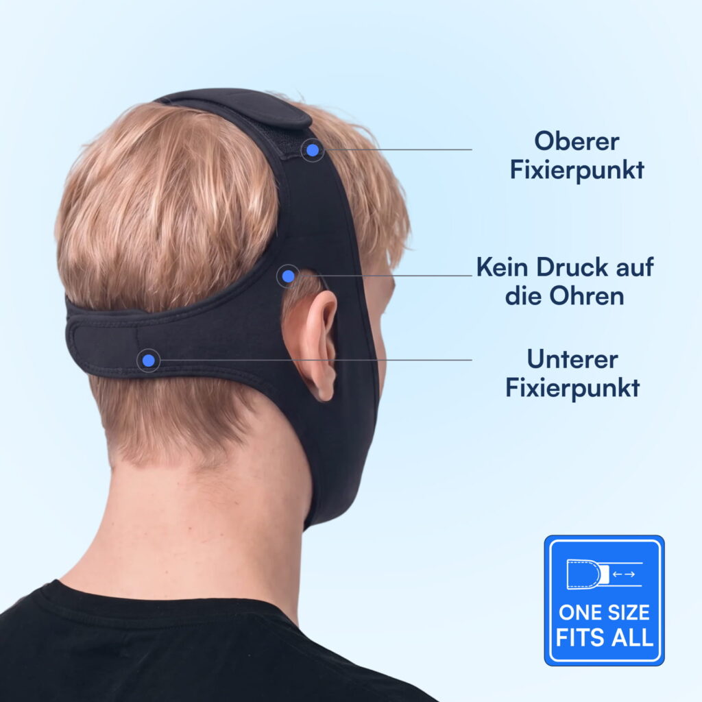 Rückansicht einer Person mit verstellbarem schwarzen Kinnband gegen Schnarchen, zeigt obere und untere Fixierpunkte