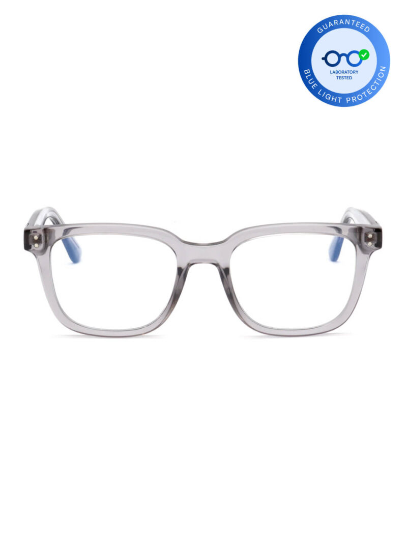 Transparente graue Brille mit rechteckigem Gestell und blauen Bügelenden, Blaulichtschutz-Siegel