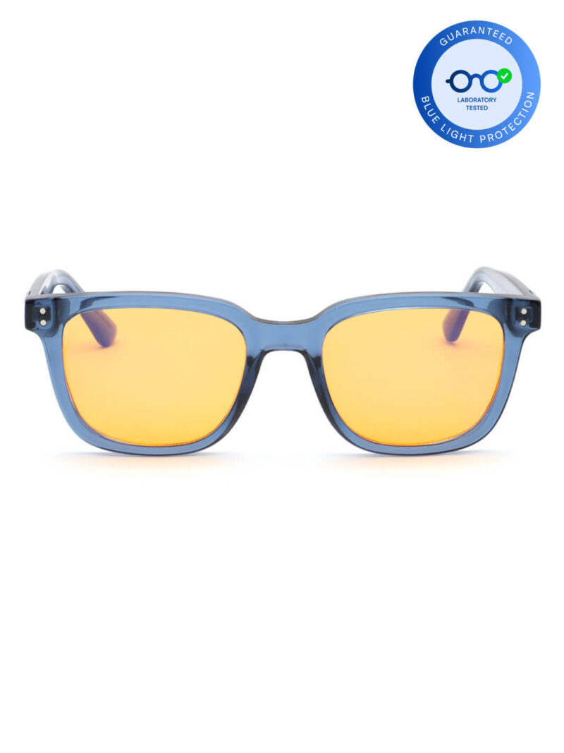 Blaue Acetat-Brille mit gelb-orangenen Blaulichtfilter-Gläsern und Gütesiegel für Blaulichtschutz