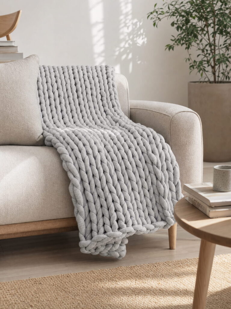 Hellgraues, grob gestricktes Plaid über beige Couch in gemütlichem Wohnzimmer mit Topfpflanze und Holztisch